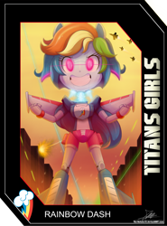 Size: 2025x2737 | Tagged: safe, artist:the-butch-x, part of a set, rainbow dash, robot, equestria girls, card, destruction, giantess, grin, macro, mecha, signature, smiling, solo, titans girls, transformers