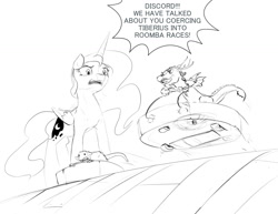 Size: 1280x989 | Tagged: safe, artist:silfoe, discord, princess luna, tiberius, alicorn, draconequus, pony, angry, dialogue, grayscale, micro, monochrome, roomba, royal sketchbook, sketch, speech bubble, yelling