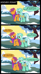 Size: 1434x2618 | Tagged: safe, artist:veggie55, lyra heartstrings, scootaloo, pony, winter wrap up, clothes, comic, literal, lyra is not amused, older, older scootaloo, scarf, snow