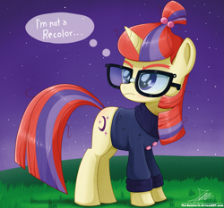 Size: 1871x1742 | Tagged: safe, artist:the-butch-x, moondancer, pony, unicorn, clothes, denial, dialogue, female, glasses, mare, signature, solo, speech bubble