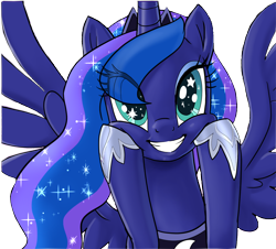 Size: 1280x1158 | Tagged: safe, artist:pencils, edit, editor:childofthenight, princess luna, alicorn, pony, background removed, cute, eye clipping through hair, female, grin, hoof shoes, lunabetes, mare, simple background, smiling, solo, spread wings, squishy cheeks, starry eyes, transparent background, wingding eyes