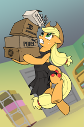 Size: 1057x1600 | Tagged: safe, artist:pencils, derpibooru import, applejack, earth pony, pony, applejack's hat, apron, bipedal, box, carrying, clothes, cowboy hat, farrier, female, floppy ears, freckles, gritted teeth, hat, horseshoes, looking up, mare, silly, silly pony, solo, stetson, tipping, who's a silly pony, worried