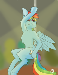 Size: 1304x1688 | Tagged: safe, artist:starrypallet, rainbow dash, pegasus, pony, semi-anthro, female, mare, pole dancing, solo, stripper pole