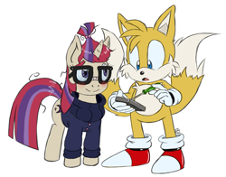 Size: 1125x884 | Tagged: safe, artist:blue-chica, moondancer, blushing, crossover, crossover shipping, glasses, miles "tails" prower, simple background, sonic the hedgehog (series), white background