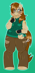 Size: 2833x5846 | Tagged: safe, artist:meb90, oc, oc only, oc:jackie trade, anthro, absurd resolution, anthro oc, bag, chubby, clothes, eating, fingerless gloves, glasses, gloves, honey buns, muscles, solo, wrench