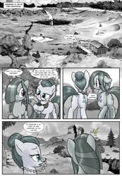 Size: 1331x1920 | Tagged: safe, artist:pencils, cloudy quartz, marble pie, earth pony, pony, comic:anon's pie adventure, butt, comic, dialogue, dock, duo, duo female, female, flank, glasses, marblebutt, mare, monochrome, plot