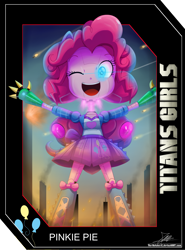 Size: 2025x2737 | Tagged: safe, artist:the-butch-x, part of a set, pinkie pie, robot, equestria girls, boots, card, clothes, giantess, happy, macro, mecha, modular, one eye closed, open mouth, signature, skirt, smiling, solo, titans girls, transformers, wink