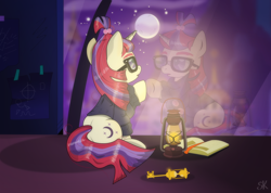 Size: 1282x915 | Tagged: safe, artist:dsana, moondancer, amending fences, canterlot, key, lantern, reflection, solo