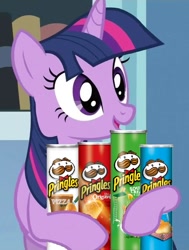 Size: 453x600 | Tagged: safe, edit, twilight sparkle, pony, unicorn, /mlp/, 4chan, chips, cute, food, hug, open mouth, potato chips, pringles, smiling, solo, twilight holding food