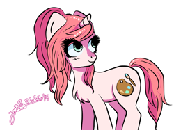 Size: 1599x1198 | Tagged: safe, artist:cysd16, oc, oc only, oc:strawberry milkshake, pony, unicorn, green eyes, pink coat, pink mane, ponytail, smiling, solo