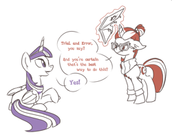 Size: 1063x847 | Tagged: safe, artist:inlucidreverie, moondancer, twilight sparkle, twilight sparkle (alicorn), alicorn, pony, female, magic, mare, sketch, speech bubble