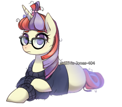 Size: 810x713 | Tagged: dead source, safe, artist:akivia-jones-404, moondancer, amending fences, clothes, crossed hooves, cute, glasses, solo, sweater, watermark, wool