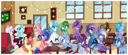 Size: 1024x437 | Tagged: safe, artist:ipun, oc, oc only, oc:amaranthine sky, oc:cocoa mocha, oc:darcy sinclair, oc:heart song, oc:reverie, oc:shooting star, oc:sonar, oc:sweet skies, oc:violet rose, bat pony, crystal pony, earth pony, pegasus, pony, bow, cafe, cake, colored pupils, female, food, glasses, hair bow, heart eyes, male, mare, stallion, wingding eyes