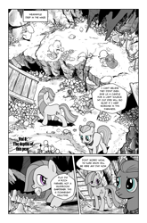 Size: 1268x1920 | Tagged: safe, artist:pencils, cloudy quartz, marble pie, bushwoolie, earth pony, pony, comic:anon's pie adventure, comic, dialogue, female, looking back, mare, monochrome, mouth hold, mushroom, open mouth, speech bubble