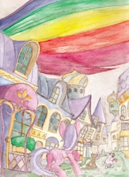 Size: 468x640 | Tagged: safe, artist:daisymane, rainbow dash, pegasus, pony, building, canterlot, giant pony, giant rainbow dash, looking up, macro, mega/giant rainbow dash, tail, traditional art