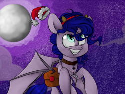 Size: 1500x1130 | Tagged: safe, artist:chibadeer, oc, oc only, bat pony, pony, bat pony oc, flying, hat, male, moon, night, saddle bag, santa hat, solo, stallion