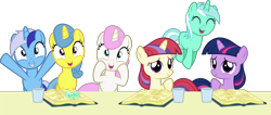 Size: 3380x1430 | Tagged: safe, artist:punzil504, lemon hearts, lyra heartstrings, minuette, moondancer, twilight sparkle, twinkleshine, adorableshine, book, braces, canterlot six, cute, dancerbetes, filly, lemonbetes, lyrabetes, minubetes, simple background, transparent background, twiabetes, vector, younger