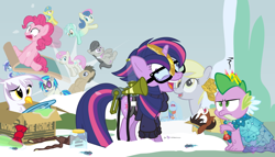 Size: 980x560 | Tagged: safe, artist:dm29, bon bon, derpy hooves, dj pon-3, doctor whooves, gilda, lemon hearts, lyra heartstrings, minuette, moondancer, octavia melody, pinkie pie, rainbow dash, smooze, spike, sweetie drops, trouble shoes, twilight sparkle, twilight sparkle (alicorn), twinkleshine, vinyl scratch, alicorn, dragon, earth pony, griffon, pegasus, pony, unicorn, amending fences, appleoosa's most wanted, bloom and gloom, canterlot boutique, castle sweet castle, do princesses dream of magic sheep, make new friends but keep discord, party pooped, princess spike (episode), slice of life (episode), tanks for the memories, the cutie map, the lost treasure of griffonstone, alternate hairstyle, background six, bowtie, box, cardboard box, claws, clothes, crossing the memes, crying, derpysaur, dress, fangs, female, fusion, glasses, hat, hooves, horn, i didn't listen, i'm pancake, jar, lyrabon (fusion), male, mare, meme, new crown, open mouth, princess dress, punklight sparkle, sitting, sled, snow, staff, staff of sameness, stallion, standing, sunglasses, sweater, the meme continues, the ride never ends, the story so far of season 5, this isn't even my final form, top hat, twilight scepter, twittermite, unamused, vector, volumetric mouth, wings