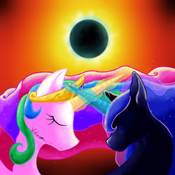 Size: 1300x1300 | Tagged: safe, artist:vchart920, princess celestia, princess luna, alicorn, pony, cooperation, crossed horns, eclipse, eyes closed, jewelry, magic, regalia, royal sisters, sisters, smiling, solar eclipse