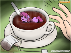 Size: 650x487 | Tagged: safe, artist:jcosneverexisted, berry punch, berryshine, earth pony, human, pony, blushing, cup, cup of pony, drunk, food, go home you're drunk, hand, hot, looking at you, micro, patreon, solo focus, surprised, tea, tiny ponies