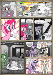 Size: 1363x1920 | Tagged: safe, artist:pencils, derpibooru import, limestone pie, maud pie, pinkie pie, spike, twilight sparkle, twilight sparkle (alicorn), oc, oc:anon, oc:jade aurora, oc:mascara maroon, alicorn, dragon, earth pony, human, pony, satyr, comic:anon's pie adventure, bedroom eyes, blushing, blushing profusely, book, bracer, clothes, comic, dress, eyeshadow, female, fighting game, flirting, flower, heart, hoof in mouth, human male, imminent kissing, implied lesbian, interspecies, kissing, knock out, lesbian, life bar, limetsun pie, makeup, male, mare, missing shoes, mortal kombat, mouth hold, pants, property damage, punch, scared, shirt, shoes, speech bubble, spread wings, sweat, thought bubble, tsundere, wingboner
