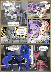 Size: 1363x1920 | Tagged: safe, artist:pencils, limestone pie, princess luna, twilight sparkle, twilight sparkle (alicorn), oc, oc:anon, oc:macdolia, oc:mascara maroon, alicorn, earth pony, human, pony, satyr, comic:anon's pie adventure, blushing, bracer, castle, castlevania, clothes, comic, crown, do not want, dock, dress, eyes closed, female, for science, horseshoes, human male, imminent kissing, jewelry, kissy face, konami, limetsun pie, male, mare, necklace, non-consensual smoochies, nose wrinkle, on back, open mouth, picture, property damage, raised hoof, regalia, smiling, speech bubble, spread wings, tsundere, wingboner