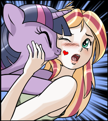 Size: 1291x1455 | Tagged: safe, artist:pencils, twilight sparkle, oc, oc:mascara maroon, comic:anon's pie adventure, cropped, cute, female, heart, kissing, lesbian, non-consensual smoochies