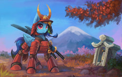 Size: 1400x888 | Tagged: safe, artist:asimos, rainbow dash, pegasus, pony, armor, helmet, katana, looking at you, mountain, samurai, scenery, solo, sword, tree, weapon