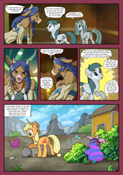 Size: 1355x1920 | Tagged: safe, artist:pencils, derpibooru import, applejack, cloudy quartz, marble pie, oc, oc:adamantena aspis, oc:arli, bushwoolie, earth pony, minotaur, pony, comic:anon's pie adventure, g1, braid, comic, dock, dungeon, female, jail, jewelry, lipstick, loincloth, loose hair, mare, necklace, plot, prison