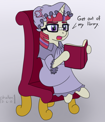 Size: 969x1129 | Tagged: safe, artist:phallen1, moondancer, 30 minute art challenge, book, chair, clothes, cosplay, costume, dialogue, glasses, patchouli knowledge, solo, touhou