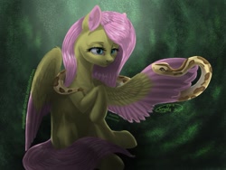 Size: 1900x1425 | Tagged: safe, artist:angelstudio-alicorns, fluttershy, pegasus, pony, snake, forest, frown, raised hoof, sitting, solo, spread wings