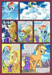 Size: 1355x1920 | Tagged: safe, artist:pencils, derpibooru import, applejack, rainbow dash, oc, oc:arli, bushwoolie, earth pony, pegasus, pony, comic:anon's pie adventure, :o, bow, cloud, comic, cowboy hat, crashing, dock, eye contact, female, flying, frown, glare, gritted teeth, hair bow, hat, lightning, looking at each other, looking up, mare, messy mane, open mouth, plot, rainbow crash, raised eyebrow, raised hoof, raised leg, sky, smirk, spread wings, stetson, underhoof, walking, wide eyes