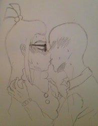 Size: 455x583 | Tagged: safe, artist:handsome jeck, moondancer, oc, oc:anon, human, blushing, clothes, glasses, humanized, kissing, monochrome, shirt, sweater, traditional art