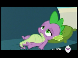 Size: 720x540 | Tagged: safe, screencap, spike, dragon, equestria games (episode), belly, chubby, hub logo, resting, sofa, solo