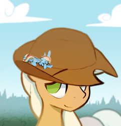 Size: 1400x1453 | Tagged: safe, artist:darkflame75, applejack, rainbow dash, earth pony, pegasus, pony, big-apple-pony, commission, cowboy hat, crossed hooves, cute, duo, eyes closed, giant pony, hat, looking up, macro, nap, never doubt ncmares's involvement, sleeping, smiling, stetson