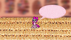 Size: 1920x1080 | Tagged: safe, artist:employeeamillion, pinkie pie, earth pony, pony, ask micro pinkie pie, golden oaks library, micro, solo, speech bubble, table