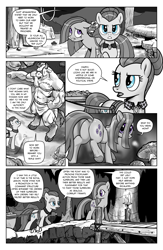 Size: 1249x1920 | Tagged: safe, artist:pencils, cloudy quartz, marble pie, earth pony, minotaur, pony, comic:anon's pie adventure, angry, butt, candle, comic, cute, dialogue, dock, eyepatch, female, hair over one eye, lidded eyes, male, marblebetes, mare, monochrome, open mouth, plot, scared, speech bubble, unamused