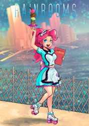 Size: 1280x1810 | Tagged: safe, artist:pencils, pinkie pie, human, equestria girls, album cover, album parody, breakfast in america, city, commission, cupcake, food, harbor, human coloration, humanized, pastry, plate, roller skates, server pinkie pie, supertramp, the rainbooms, waitress