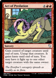 Size: 375x523 | Tagged: safe, artist:pencils, derpibooru import, edit, idw, fluttershy, pegasus, pony, spoiler:comic, spoiler:comic73, barrel, behaving like a dog, bush, butt, ccg, flutterbutt, magic the gathering, plot, trading card, trading card edit, window