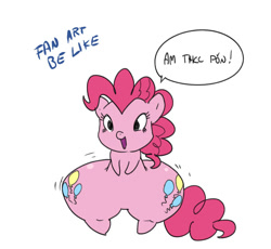 Size: 882x810 | Tagged: safe, artist:pencils, pinkie pie, earth pony, pony, bipedal, both cutie marks, dialogue, disproportional anatomy, female, huge butt, impossibly large hips, large butt, mare, parody, simple background, style emulation, thicc ass, white background, wide hips