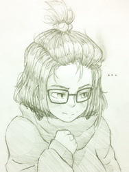 Size: 1319x1758 | Tagged: safe, artist:aisureimi, moondancer, human, ..., blushing, clothes, glasses, humanized, monochrome, solo, sweater, traditional art