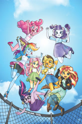 Size: 1186x1800 | Tagged: safe, artist:pencils, idw, applejack, fluttershy, pinkie pie, rainbow dash, rarity, sci-twi, sunset shimmer, twilight sparkle, equestria girls, spoiler:comic, armpits, boots, clothes, cloud, comic cover, compression shorts, converse, cowboy hat, cute, denim skirt, dress, freckles, glasses, hat, high heels, humane five, humane seven, humane six, jumping, leather, leather boots, march radness, miniskirt, pleated skirt, ponytail, ribbon sandals, shoes, shorts, skirt, sky, sneakers, stetson, sun, tanktop, trampoline