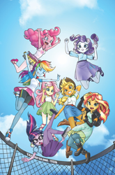 Size: 1186x1800 | Tagged: safe, artist:pencils, edit, editor:rmzero, idw, applejack, fluttershy, pinkie pie, rainbow dash, rarity, sci-twi, sunset shimmer, twilight sparkle, equestria girls, spoiler:comic, armpits, boots, clothes, cloud, comic cover, converse, cowboy hat, cute, denim skirt, dress, hat, humane five, humane seven, humane six, jumping, leather, leather boots, march radness, pantyhose, ribbon sandals, shoes, skirt, sky, sneakers, stetson, sun, tanktop, tights, trampoline