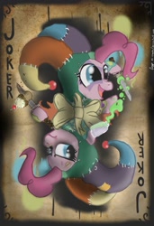 Size: 1024x1500 | Tagged: dead source, safe, artist:el-creepo, derpibooru import, pinkie pie, earth pony, pony, card, costume, duality, jester, jester motley, jester pie, joker, knife