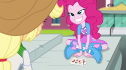 Size: 1904x1064 | Tagged: safe, screencap, ace, applejack, pinkie pie, equestria girls, rainbow rocks, boots, card, door, doors, grin, gritted teeth, high heel boots, joker, playing card, sitting, smiling, smug, stairs