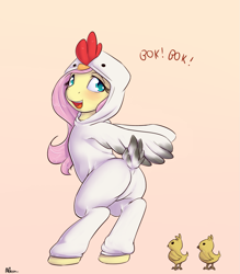Size: 1225x1400 | Tagged: safe, artist:alasou, fluttershy, pegasus, pony, animal costume, bipedal, chick, chicken suit, chicks, clothes, costume, cute, female, following, kigurumi, mare, plot, shyabetes, simple background
