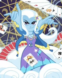 Size: 406x506 | Tagged: safe, screencap, trixie, better together, equestria girls, forgotten friendship, clothes, cropped, cutie mark clothes, dress, jacket, jewelry, joker, magic, magic show, magic trick, magic wand, necklace, playing card, poster, solo