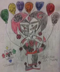 Size: 1024x1226 | Tagged: safe, artist:tobiisabunny, oc, oc:solaris la moon, anthro, equestria girls, balloon, fear, it, jester, joker, playing card