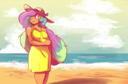 Size: 1280x841 | Tagged: safe, artist:herny, princess celestia, human, beach, chubby, chubbylestia, clothes, cloud, cloudy, dress, grin, hat, humanized, lipstick, moderate dark skin, ocean, smiling, solo, sun hat, sundress, tan, tanlestia