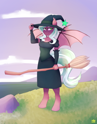 Size: 2155x2728 | Tagged: safe, artist:tallaferroxiv, oc, oc only, oc:wicked ways, anthro, bat pony, unguligrade anthro, anthro oc, breasts, broom, cleavage, clothes, fangs, female, flying broomstick, gift art, green eyes, hat, looking at you, mare, slit eyes, solo, witch, witch hat